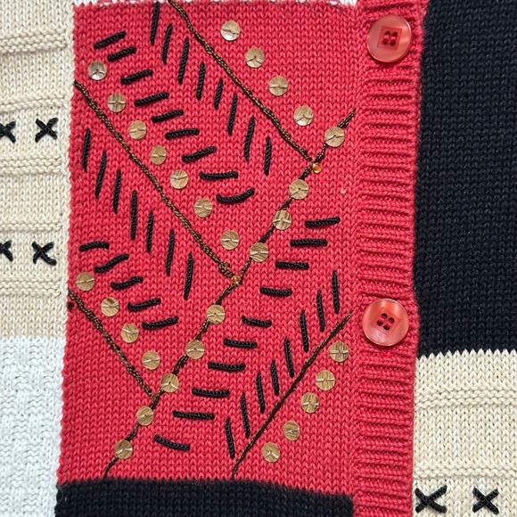 Alfred Dunner Patchwork Knit Cardigan Top Short Sleeve Sequin Red Black Tan Sz L - Picture 4 of 5